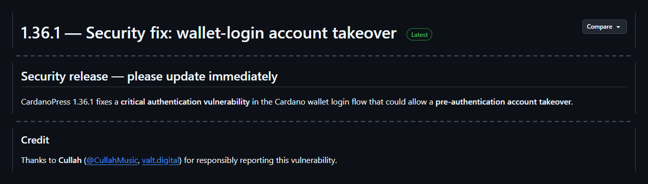 Cropped GitHub release notes for CardanoPress 1.36.1: the title Security fix, wallet-login account takeover, the line CardanoPress 1.36.1 fixes a critical authentication vulnerability in the Cardano wallet login flow, and the Credit section thanking Cullah and valt.digital for responsibly reporting this vulnerability