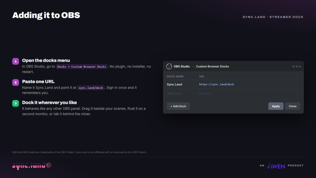 The OBS Studio Custom Browser Docks dialog with Sync.Land added and pointed at https://sync.land/dock