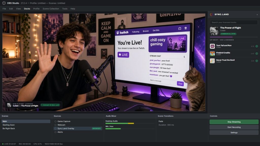 OBS Studio with the Sync.Land dock docked to the right, the licensed-music overlay in the preview canvas, and the overlay listed as a browser source